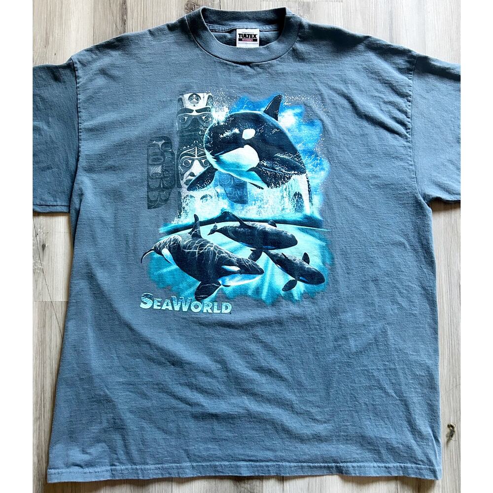 VNTG SeaWorld Orca Killer Whale Inuit Totem Themed Mens Blue T-Shirt Sz 2XL EUC